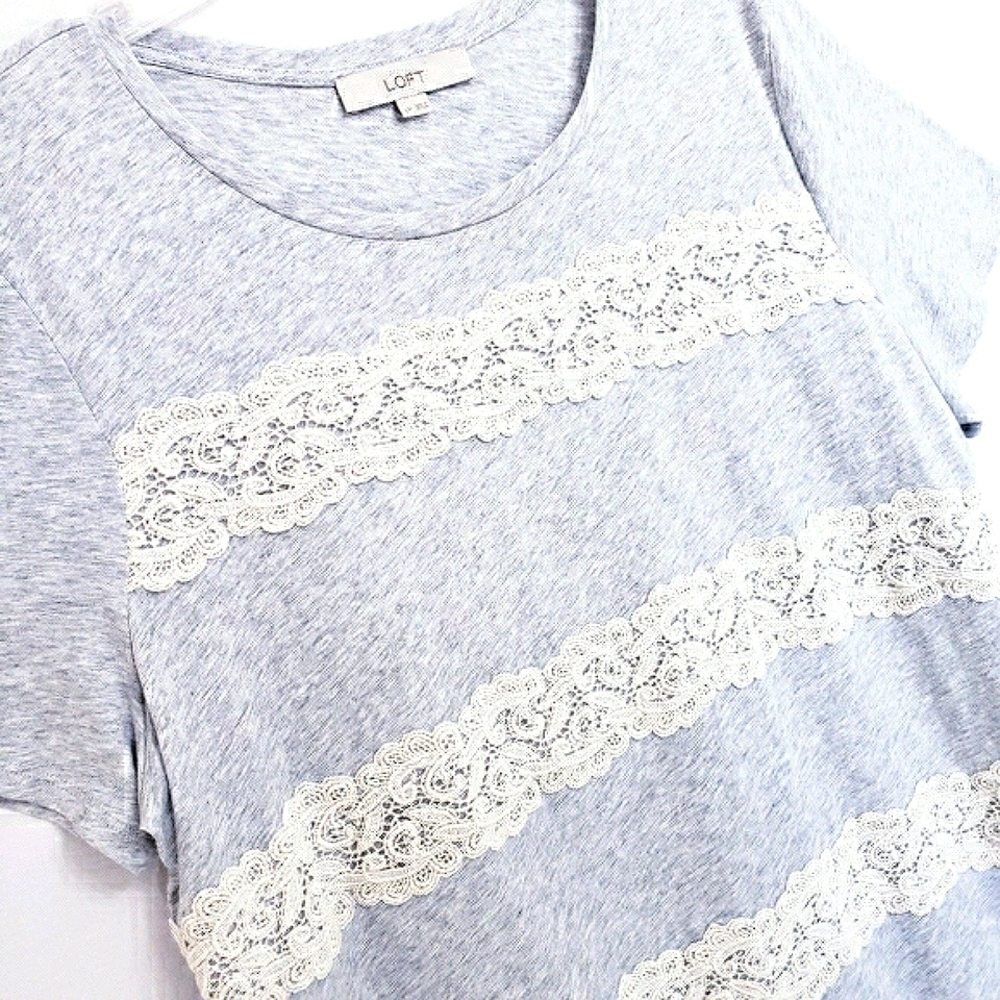 LOFT Gray Short Sleeve Knit  ,Ivory Ecru Lace Tee Shirt Knit Top